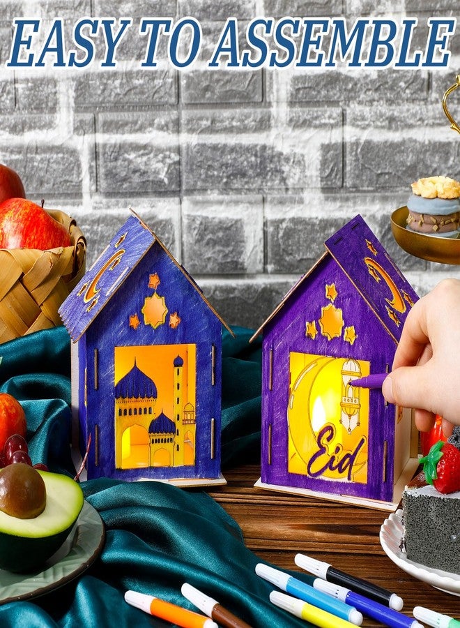 Lineshading 9 Pcs Eid Mubarak Wooden House with 12 Watercolor Pens and 9 LED Flameless Tealight Candles DIY Luminous Graffiti Crafts Ramadan Decorations Wooden Eid Houses for Kids Paint Party Supplies - Image 4